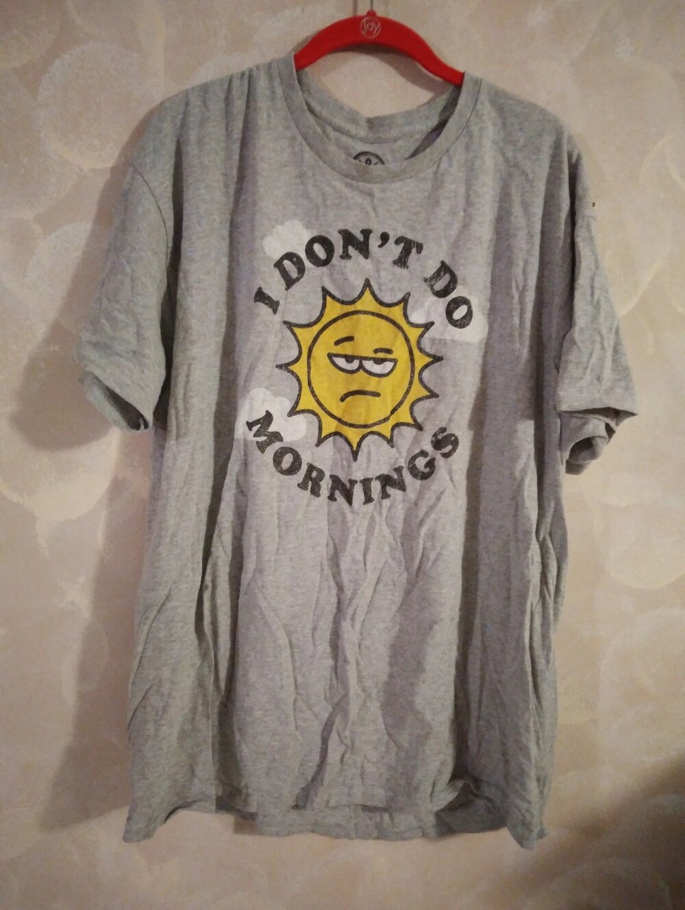 Men's Grey Short Sleeve Tee with Yellow Sun Graphic I Don't Do Mornings